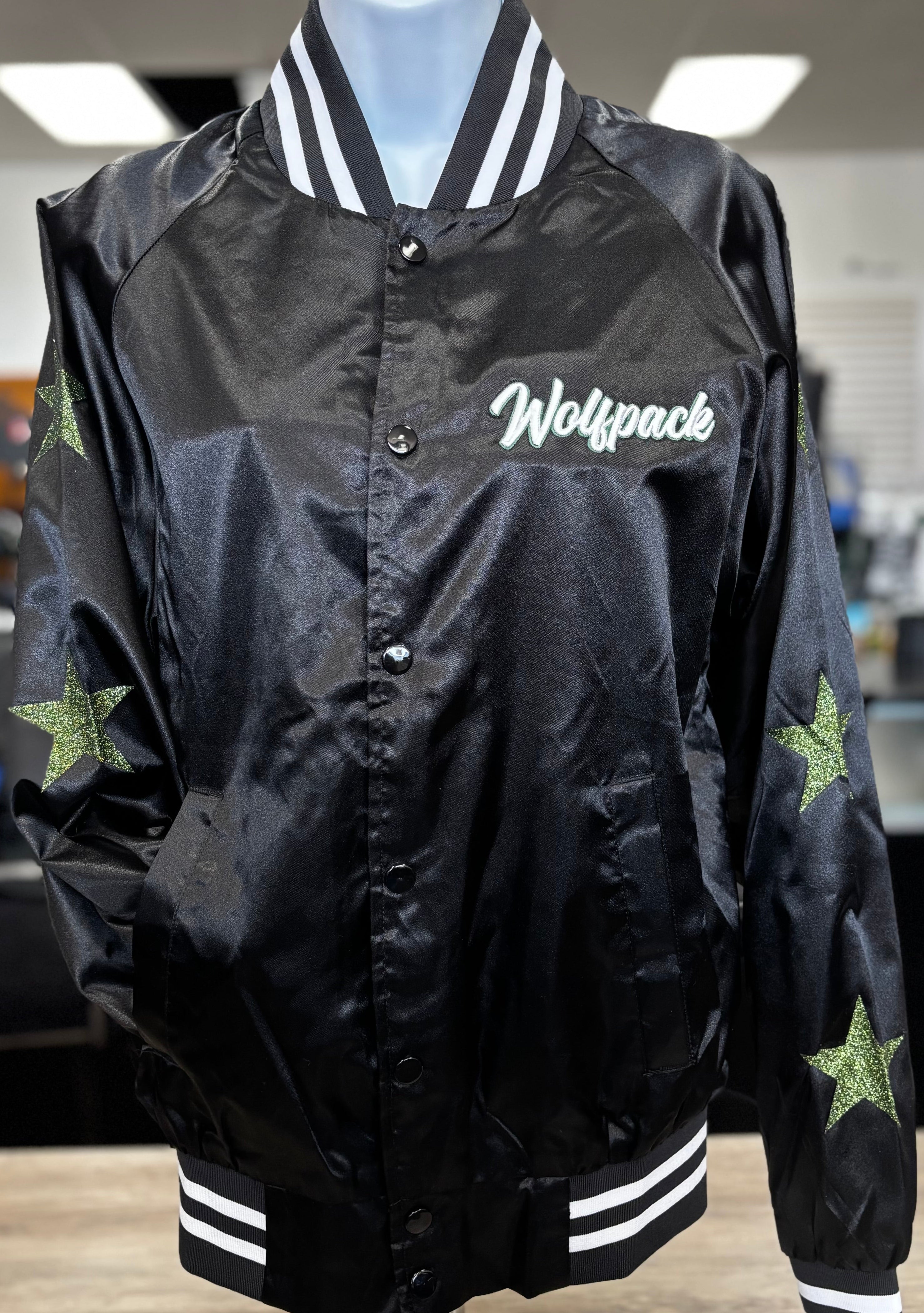 Cottage Grove Wolfpack Satin Bomber Jacket/Striped Trim-Jackets-Advanced Sportswear